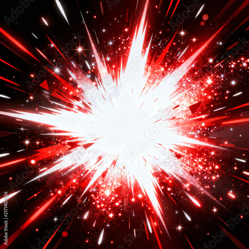 Red and white glowing abstract explosion and impact light rays burst on black background