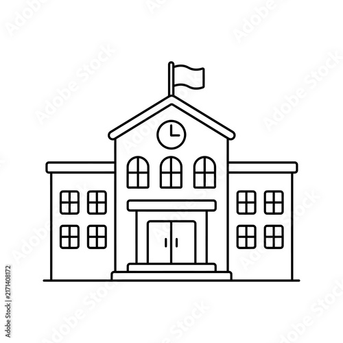 School building outline icon with clock tower and flying flag detail.