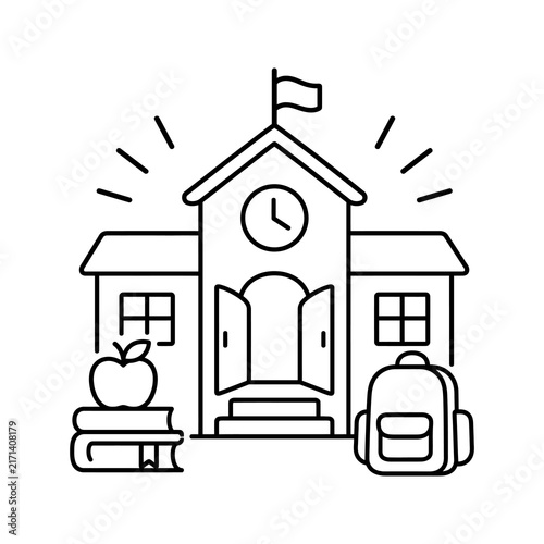 School building line icon representing primary campus education facility.