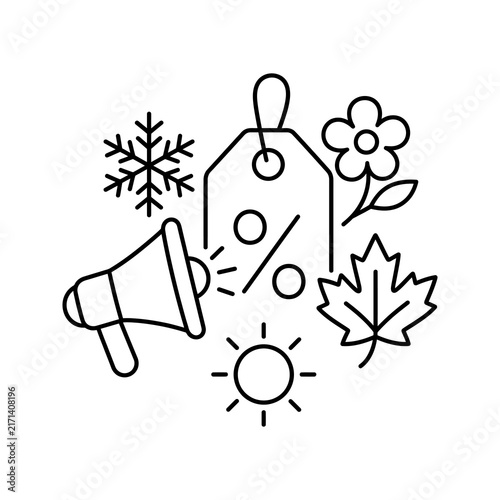 Seasonal sale promotion outline icon set with tag megaphone and nature.