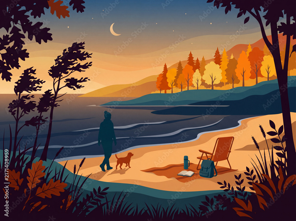 Fototapeta premium Peaceful Autumn Evening Walk with a Dog on a Serene Sandy Beach under the Crescent Moon