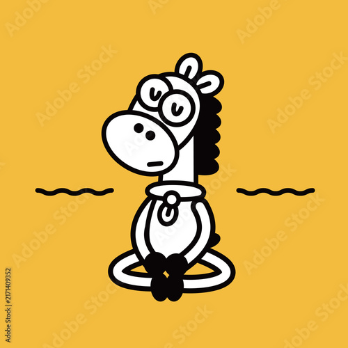 Vector line art illustration of a funny cartoon horse sitting cross-legged with closed eyes in a meditation posture on a vibrant yellow background.