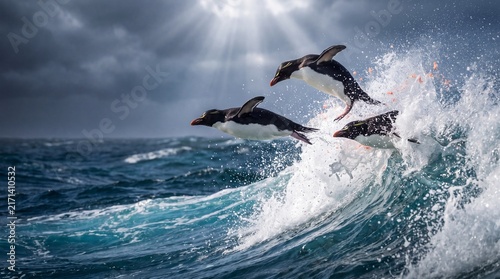 Penguin cresting a massive wave peak in the open ocean at high speed