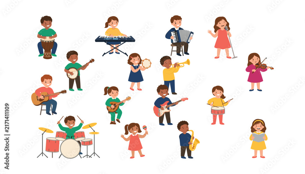 Fototapeta premium Cute cartoon kids playing musical instruments vector illustration set featuring children singing and performing in a school band
