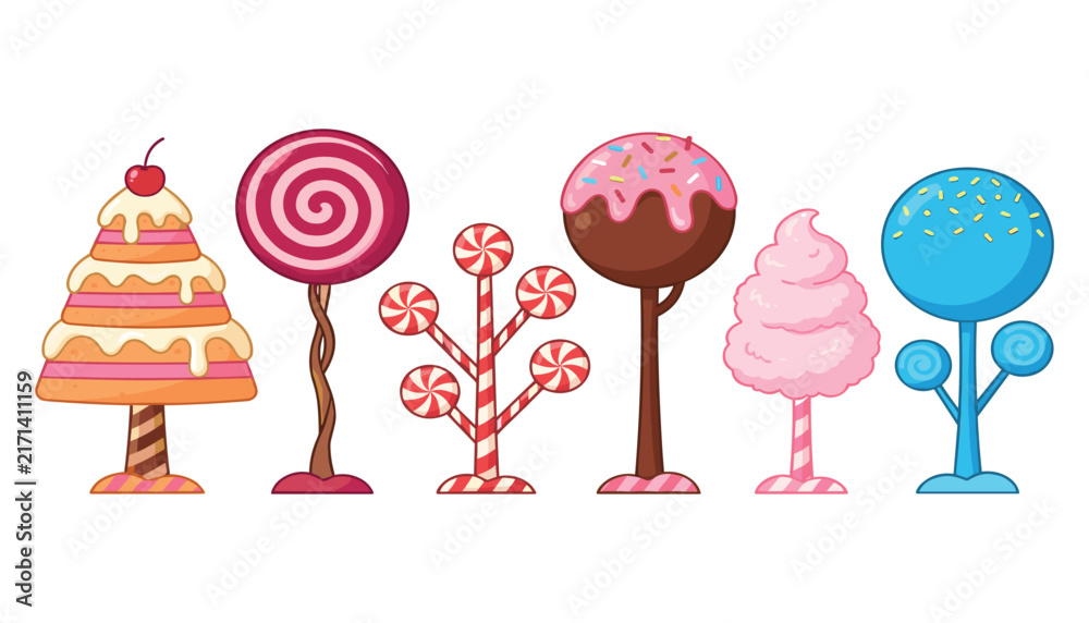 Naklejka premium Cute cartoon candy land trees vector set featuring lollipop cotton candy cake and sweets icons isolated on white background
