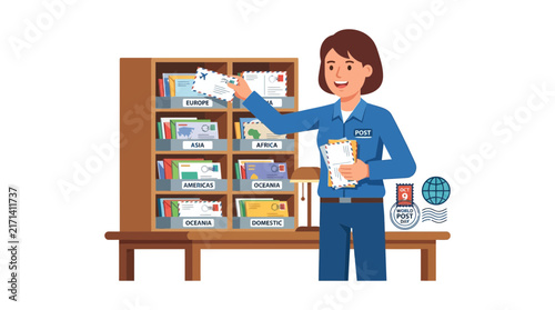 Flat Vector Illustration of a Post Office Worker Sorting Mail