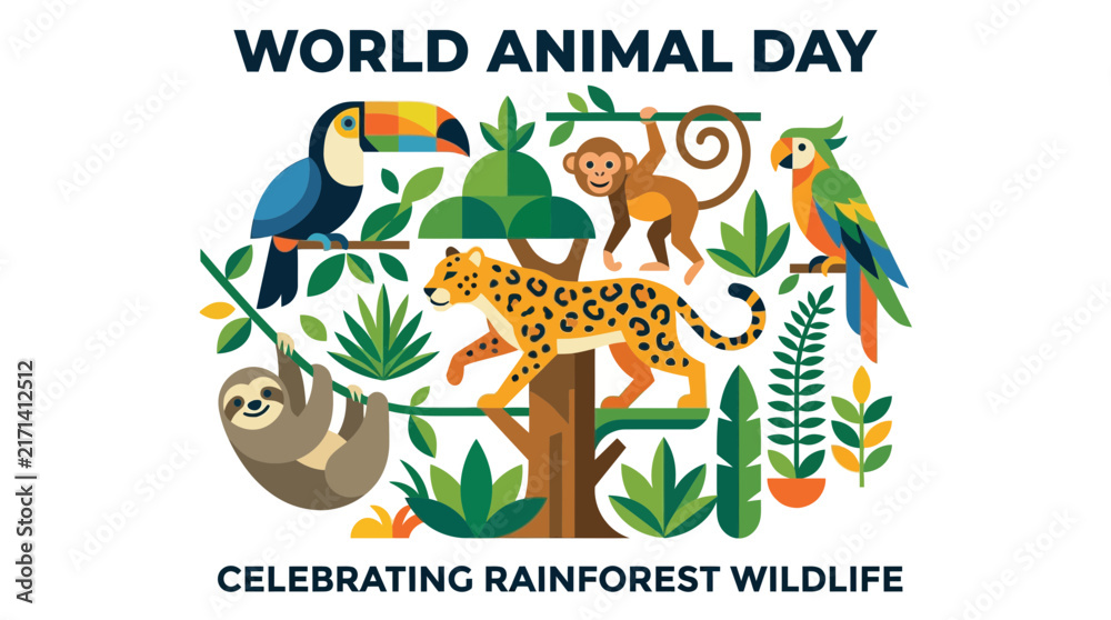 Naklejka premium Flat Vector Illustration of Rainforest Animals for World Animal Day