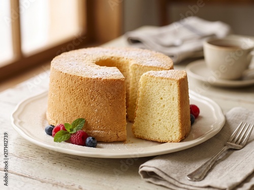 Soft Chiffon Cake Served with Fresh Berries and Cream