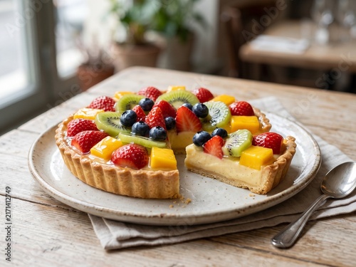 Fresh Fruit Tart with Assorted Colorful Fruits and Glaze