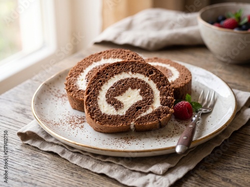 Chocolate Swiss Roll Cake with Cream Filling and Fresh Berries