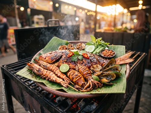 Indonesian Grilled Seafood Platter with Shrimp, Squid and Fish