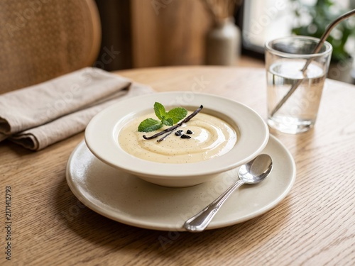 Creamy Vanilla Pudding Dessert Served on Elegant Ceramic Plate