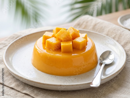 Creamy Mango Pudding Dessert with Fresh Mango Cubes