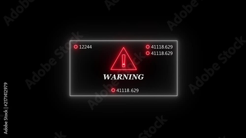 Digital warning sign hud overlay with glowing red neon triangle exclamation and rapidly changing numerical data stream for futuristic cyberpunk user interface and high-tech system alert