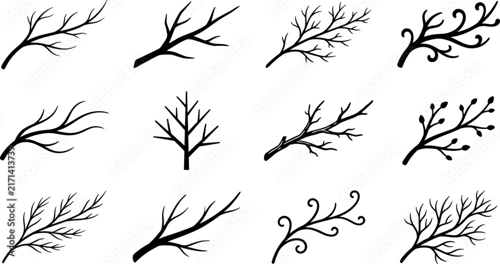 Fototapeta premium Dry winter tree branch silhouettes and decorative twig elements vector set featuring hand drawn gothic spooky botanical floral outlines on white background'