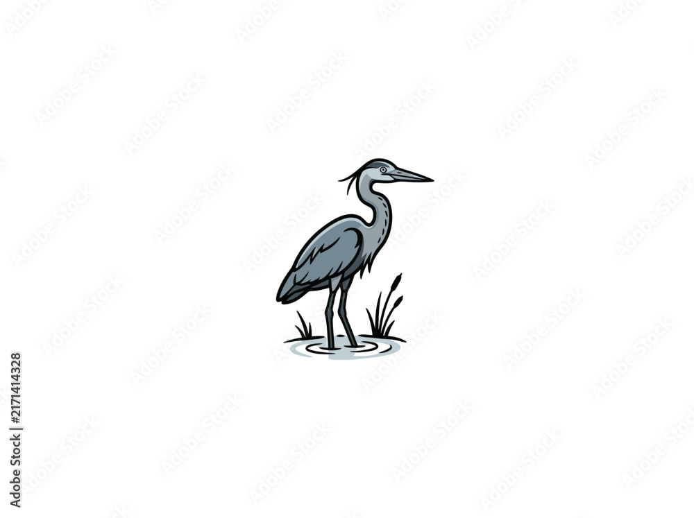 Obraz premium Heron Standing In Shallow Water With Reeds Isolated Vector Illustration