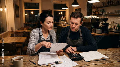 Small business owners reviewing financial documents and planning expenses together at restaurant table, representing entrepreneurship, accounting, teamwork, investment, and business management.