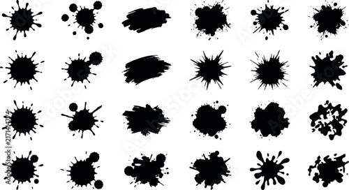 Canvas Print Black ink splatter and grunge paint blot vector set featuring abstract messy liq