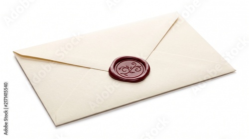 Cream colored envelope sealed with a burgundy wax seal featuring a floral design on a white background