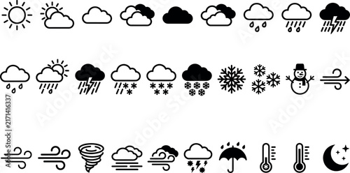 Foto Weather forecast black line and solid vector icon set featuring sun clouds rain