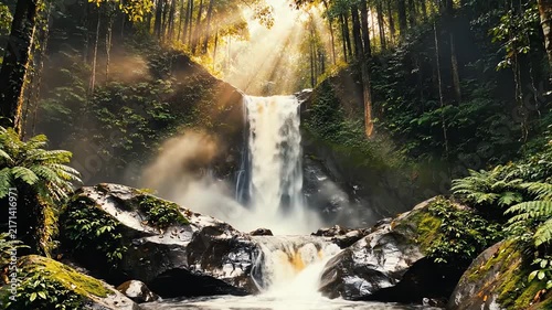 Misty waterfall in lush green forest with sunbeams