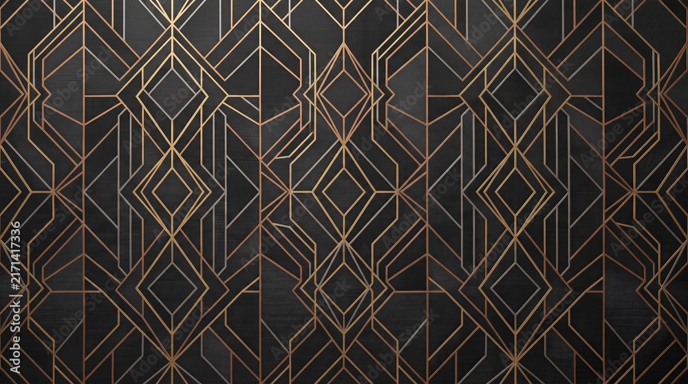 Luxury Art Deco geometric seamless pattern with gold lines and diamond shapes on dark grey background