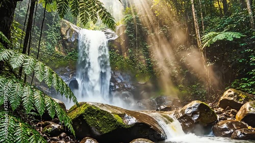 Tropical waterfall in lush green forest with sun rays