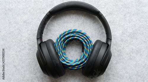 Overhead view of modern dark audio headphones with vibrant multicolor braided wire coiled neatly between earcups on neutral surface headphones audio wire cable coiled braided colorful overhead