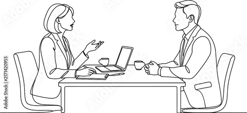 A Continuous line art illustration of a man and a woman in business attire having a professional conversation at an office desk with a laptop and coffee cups.