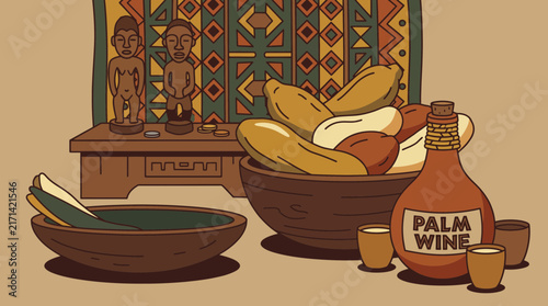 Canvastavla African yam and palm wine presented as ancestral shrine harvest, elegant flat st