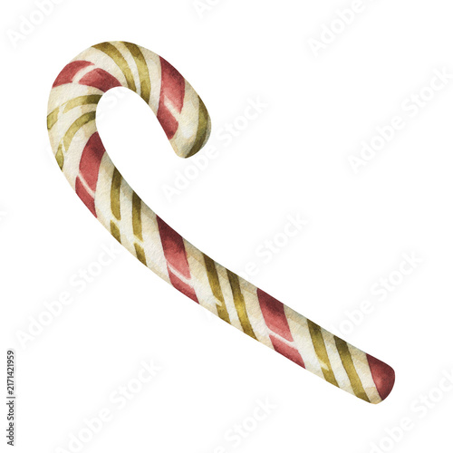 Watercolor white candy cane with green and red stripes. Vintage Christmas peppermint stick illustration shows cute sweet decor. Holiday dessert suits card and winter decoration. Traditional xmas food.