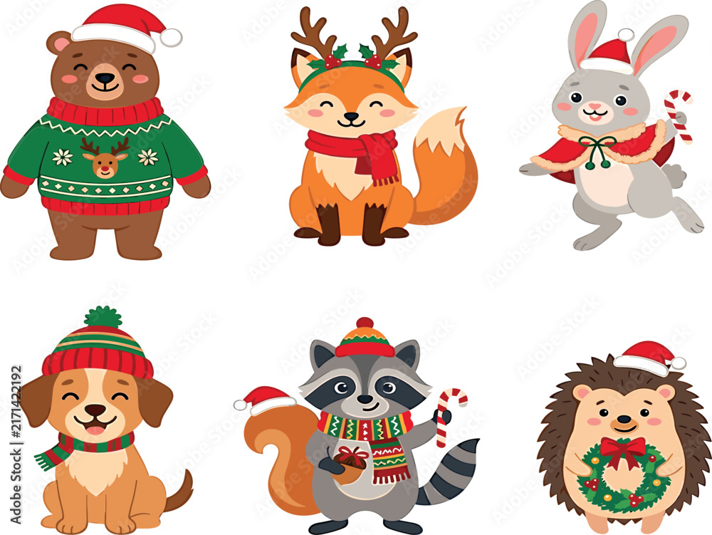 Naklejka premium Cute Christmas winter animals set with bear fox rabbit dog raccoon hedgehog wearing ugly sweaters vector