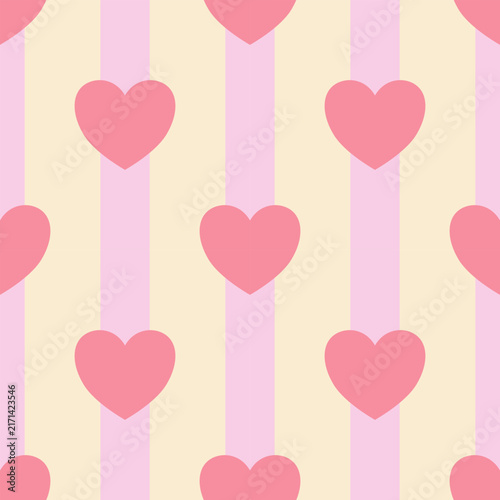 Cute Pink Heart Seamless Pattern With Vertical Stripes on Soft Pastel Background