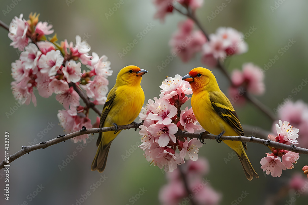 Obraz premium ellow and Red Birds Perched on Blooming Spring Tree Branch with Pink Flowers, Colorful Songbirds in a Vibrant Garden Scene, Fresh Seasonal Nature, Beautiful Floral Background and Wildlife Harmony