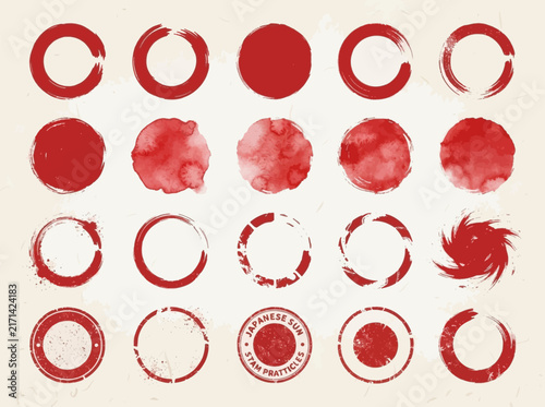 Japanese Red Circle Brush Stamp Set and Grunge Enso Ink Strokes for Graphic Design