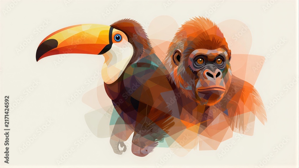 Naklejka premium Toucan and gorilla in vibrant, stylized artwork with soft colorful backgrounds.