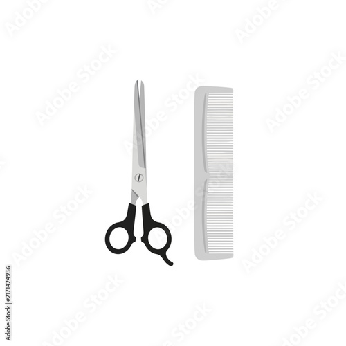 Flat vector illustration of a pair of hair cutting scissors and a comb isolated on white background