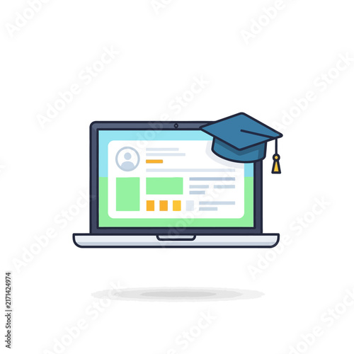 Digital Learning and Online Course Illustration Featuring a Laptop and Graduation Mortarboard Cap