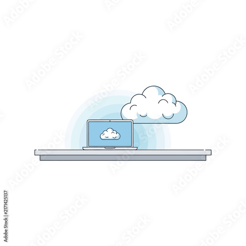 Vector illustration of cloud computing technology and online storage on laptop computer