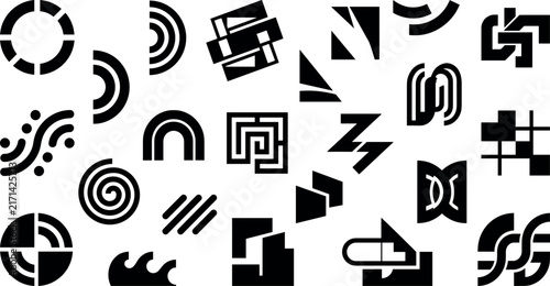 Abstract geometric shape and minimalist pattern icon set with black gothic brutalism symbols for corporate branding logo identity vector.