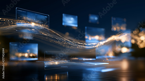 Digital Network Display: Multiple screens showcase dynamic content, with a luminous, wavy line of light suggesting data flow or connectivity across a dark, abstract background.