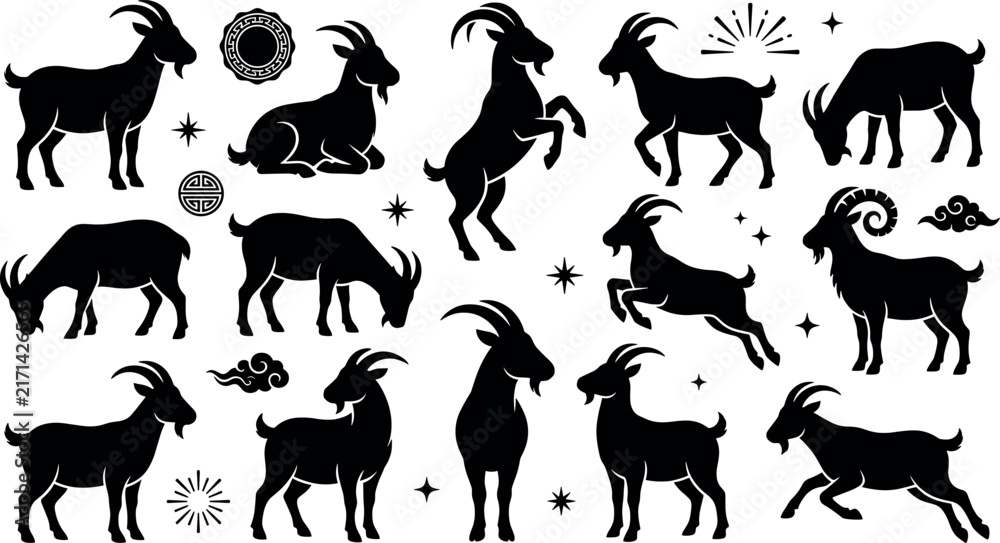 Fototapeta premium Chinese zodiac goat silhouette icon collection vector set featuring traditional ram sheep animals with stars and oriental cloud ornaments