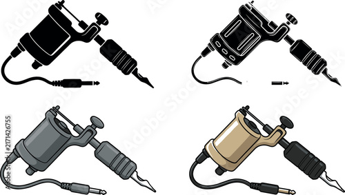 Tattoo Machine Vector Icon Set with Professional Rotary Gun Silhouette and Color Variations for Parlor Branding Studio Signs and Creative Logo Designs