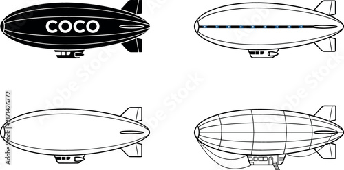 Blimp and Zeppelin Airship Vector Icon Set with Outline Silhouette and Retro Aviation Symbols for Flight Transportation and Advertising Logo Designs