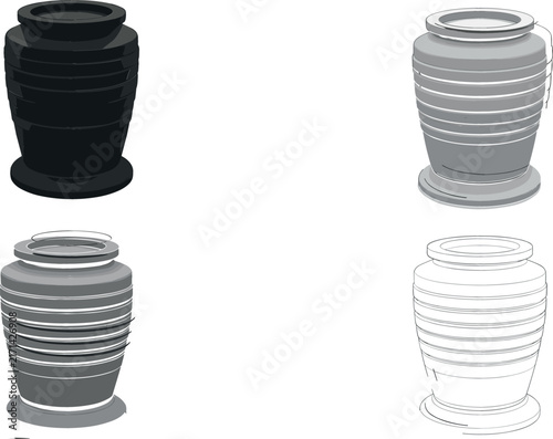 Cremation Urn Vector Icon Set Featuring Funeral Memorial Vases in Solid Black Silhouette, Detailed Grayscale, and Clean Outline Styles for Remembrance Designs