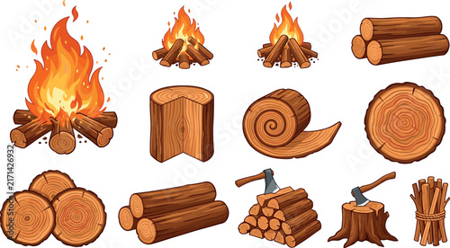 Campfire and Firewood Vector Clipart Set Featuring Bonfire Flames Wood Logs Lumber Stumps and Chopping Axes for Camping Graphic Designs