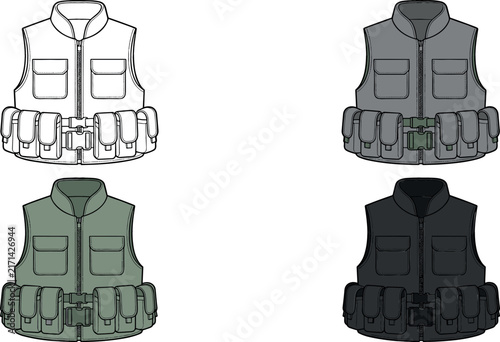 Tactical Vest Vector Icon Set Featuring Military Combat Utility Jackets in Outline, Detailed Grayscale, Khaki Green, and Black Silhouette Styles