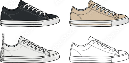 Sneaker Shoes Vector Icon Set Featuring Classic Casual Canvas Sneakers in Black, Beige, Sketch Grayscale, and Simple Outline Line Art Styles