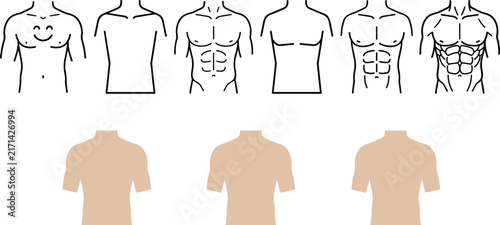 Male Torso Vector Icon Set Featuring Muscular Body Abs Chest Shapes and Anatomy Silhouettes in Outline and Flat Vector Styles for Fitness Designs