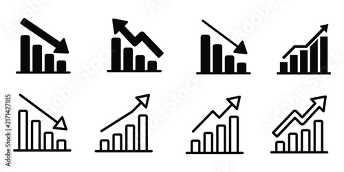 Collection of bar graph icons depicting upward and downward trends on a white background bargraph chart data visualization